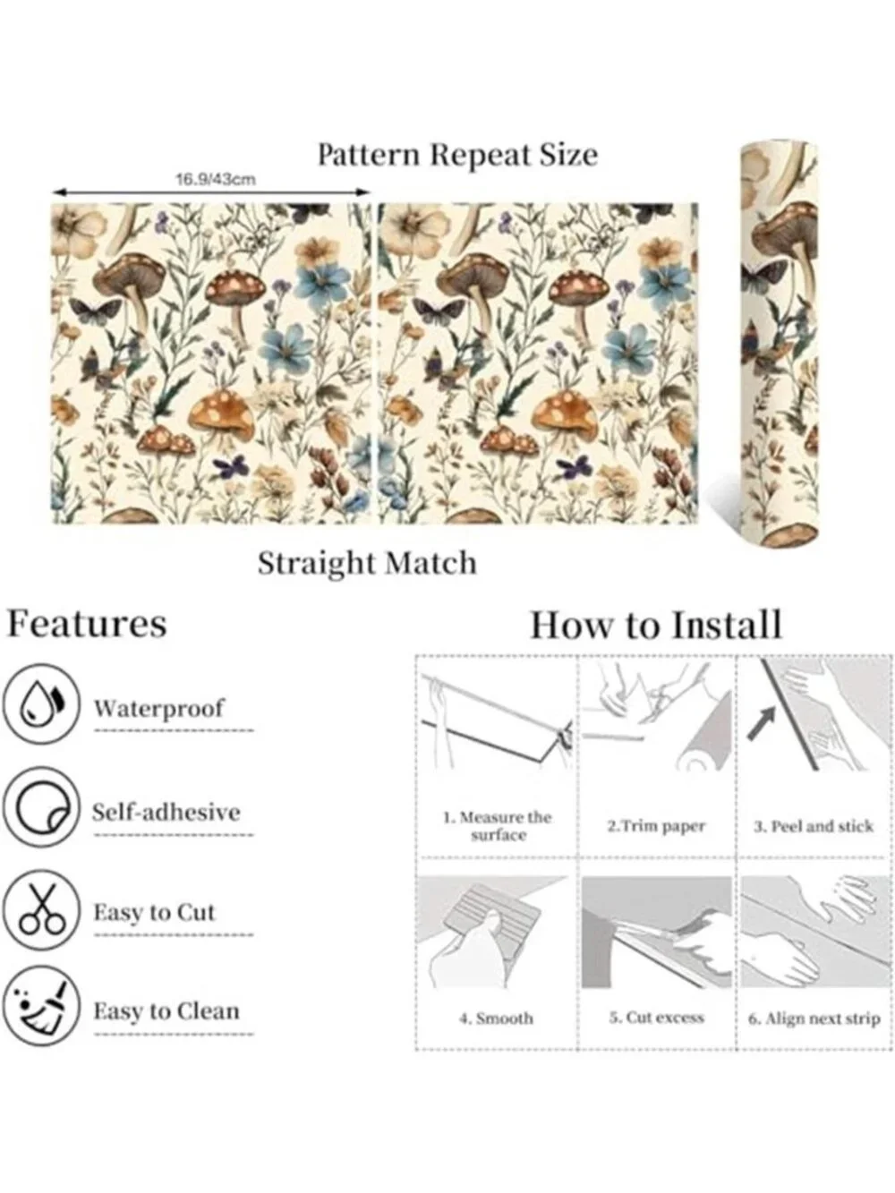 Mushroom Forest Peel Stick Wallpaper Boho Vintage Floral Contact Paper Beige